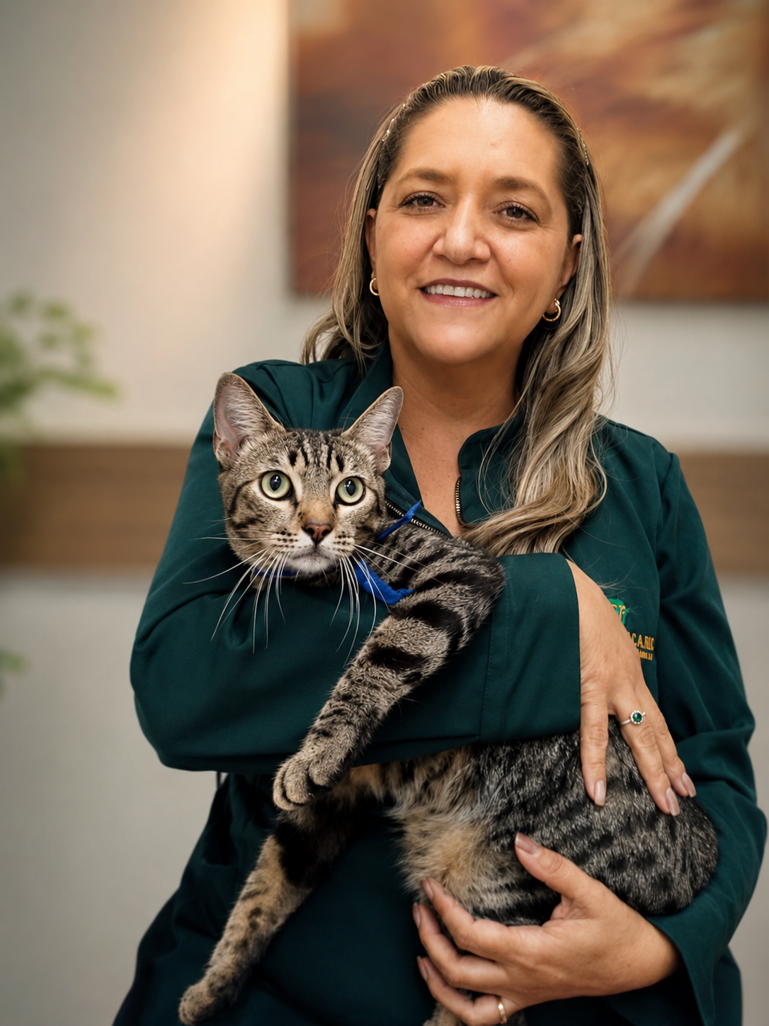 Veterinária segurando um gato durante o atendimento