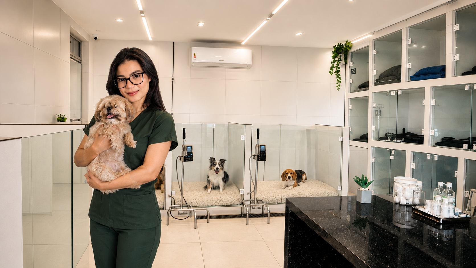 Veterinária da Veterinarii segurando um cão em primeiro plano, com baias de internamento ao fundo
