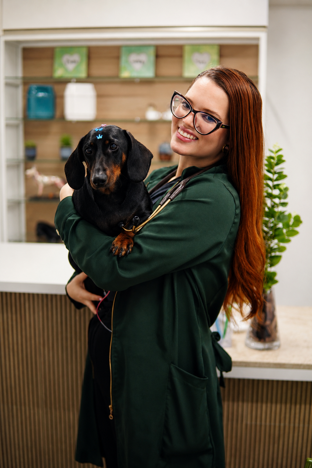Veterinária acolhendo um dachshund no colo na Clínica Veterinarii