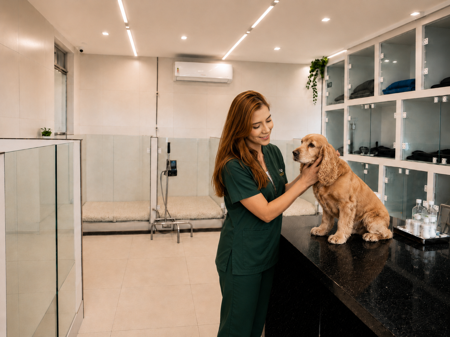 Profissional da Veterinarii acompanhando cão na área de internamento
