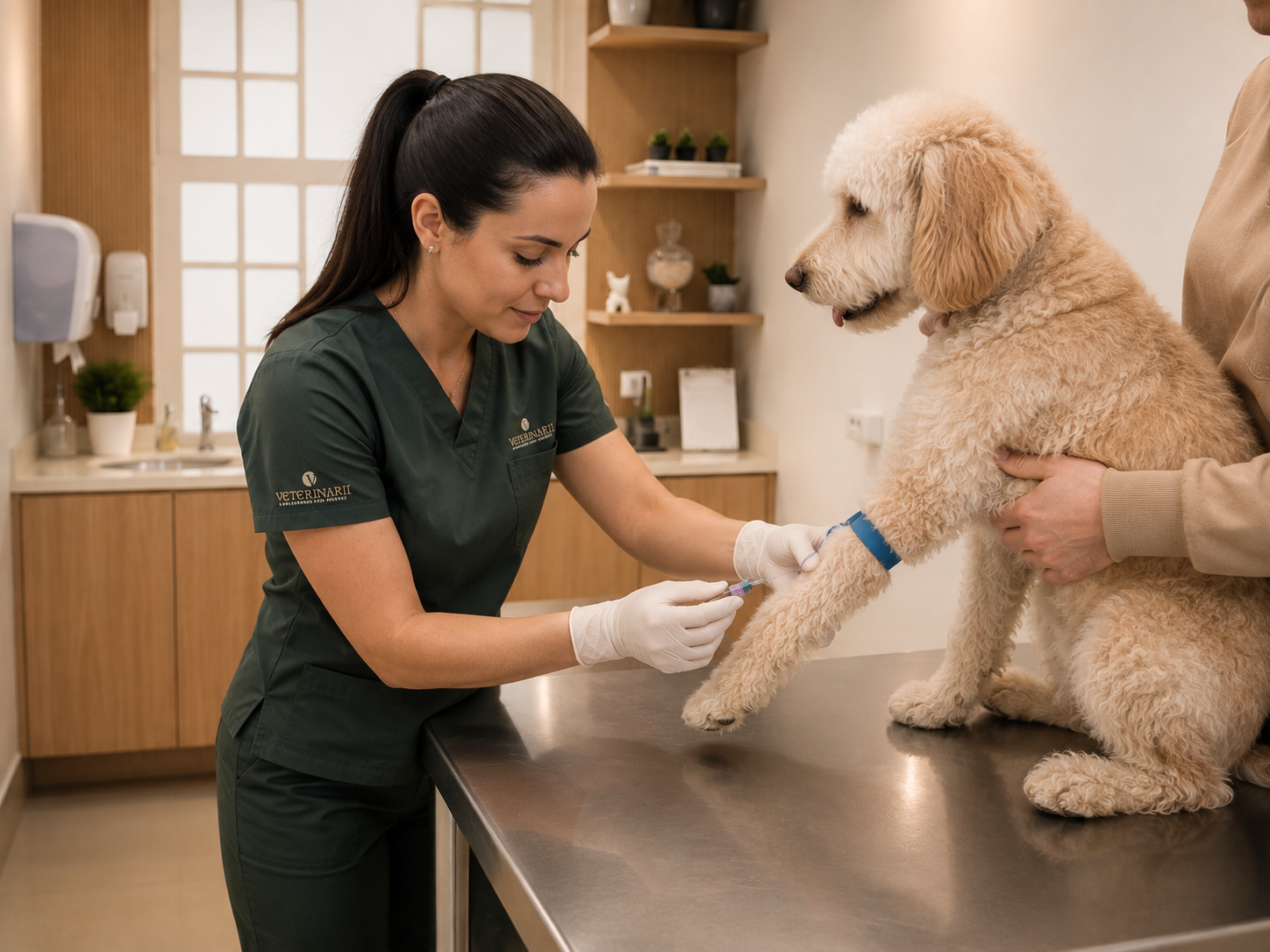 Veterinária da Veterinarii coletando amostra de sangue de um cão